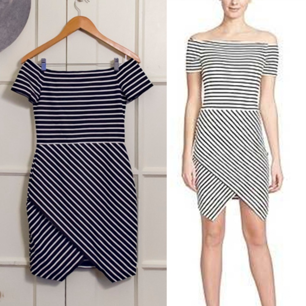 1.State Striped Off-the-Shoulder Bodycon Dress